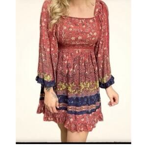 Angie Floral Bell Sleeve Lace Boho Festival knee Dress Large